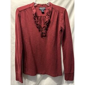 Polo Jeans Shirt Womens Medium Ruffle Neck Henley Pullover Wine Red Mini Waffle
